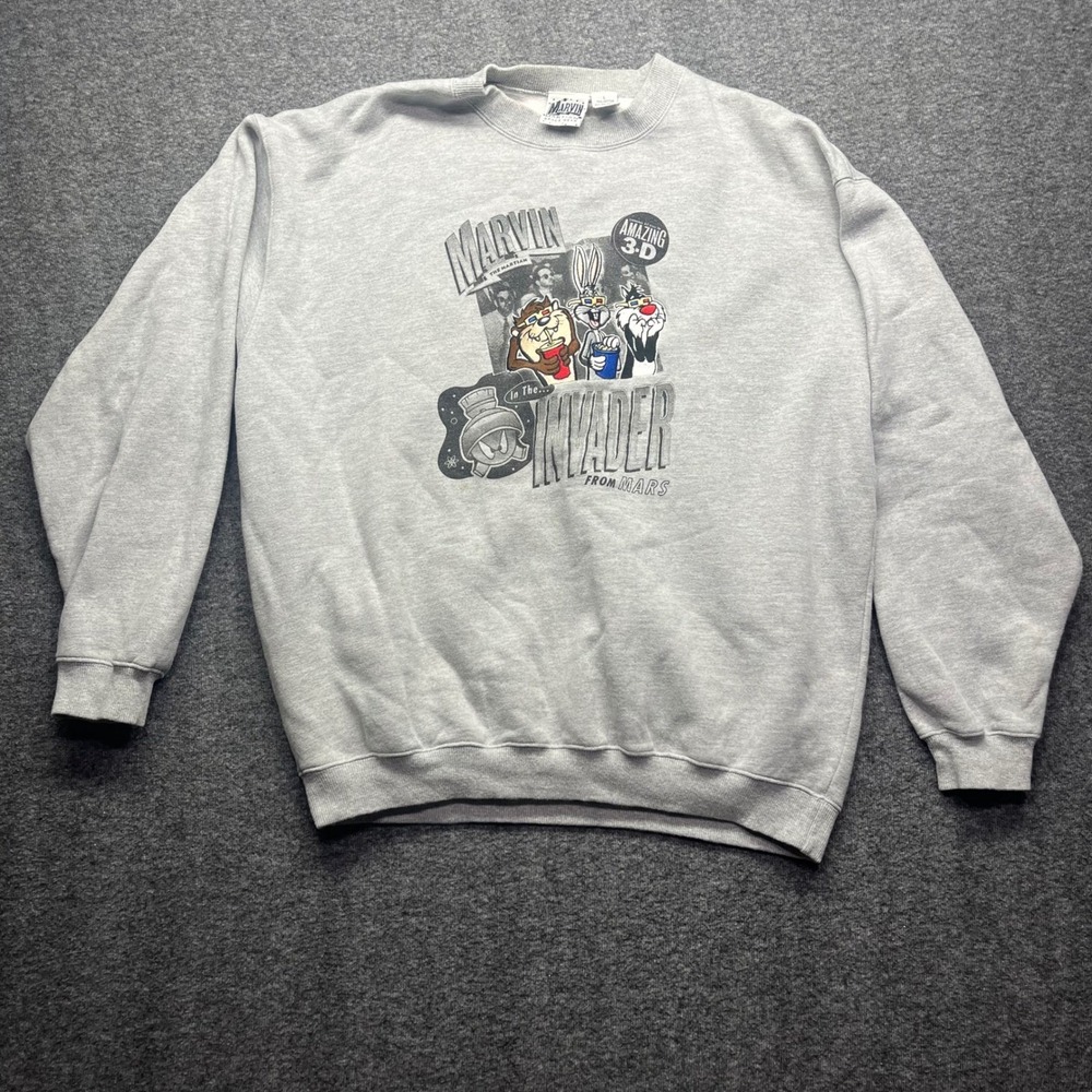 Vintage Sweatshirt Mens Large Grey Marvin Martian Space Gear 1995 Looney Tunes